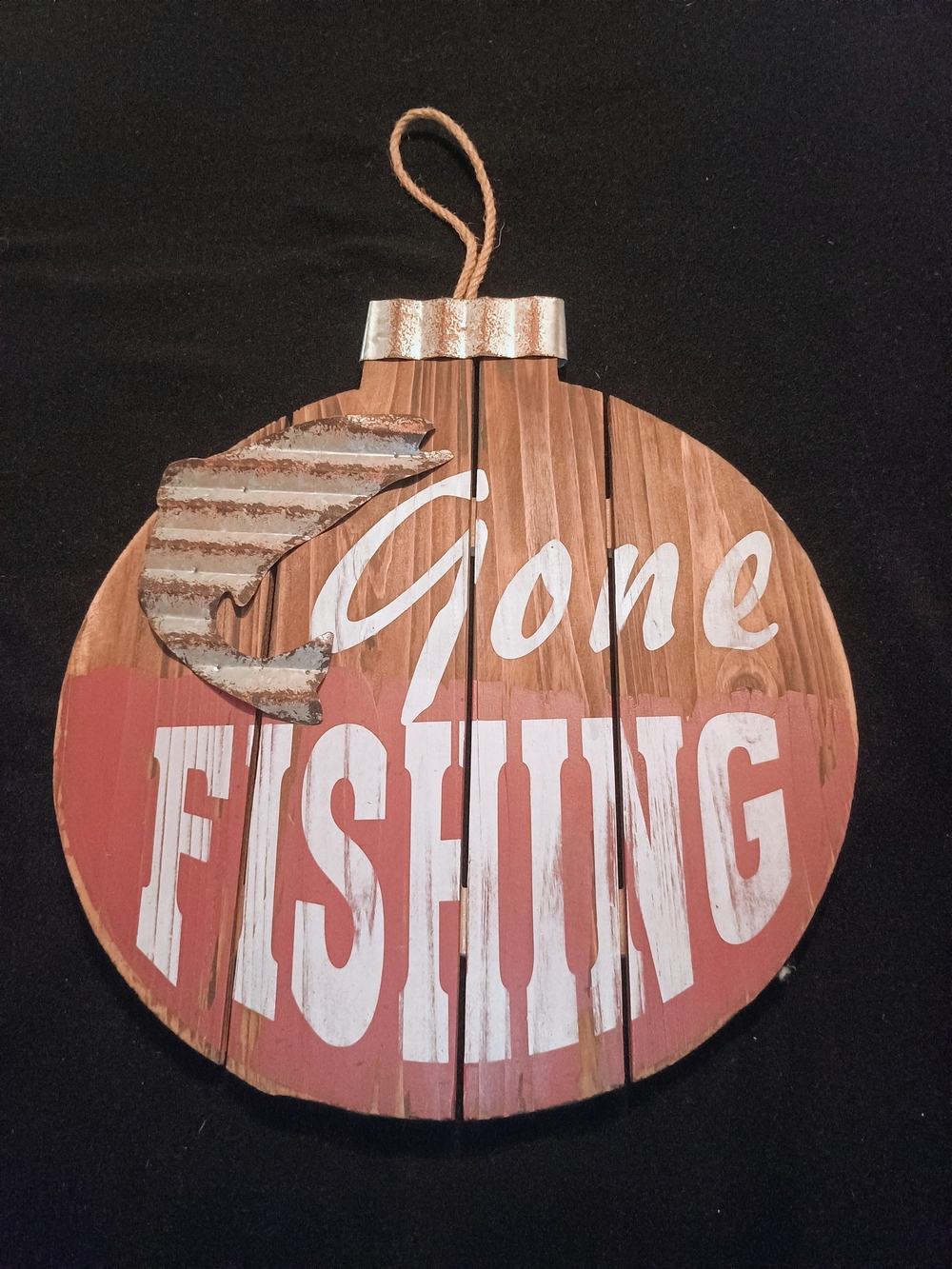 RUSTIC "Gone Fishing" Wood Ornament Wall Sign - Metal & Natural Wood
